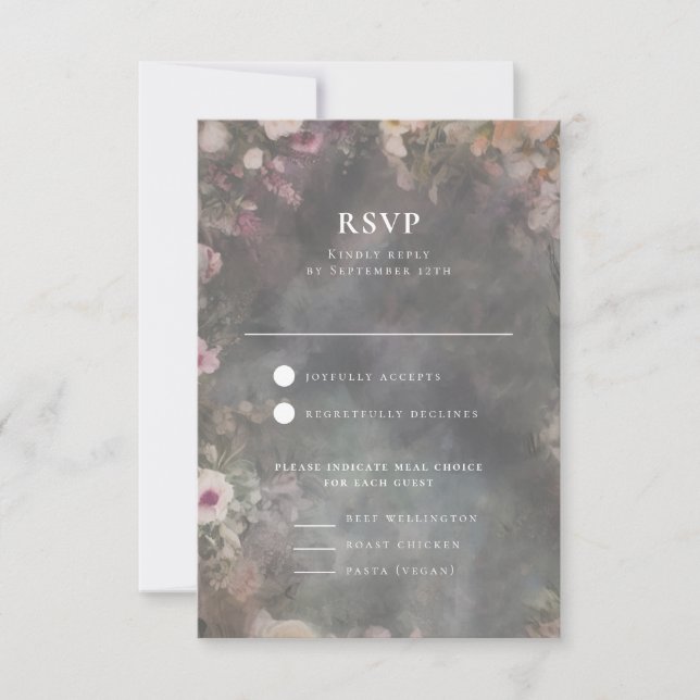 Dark Moody Romantic Floral Wedeption RSVP Karte (Vorderseite)