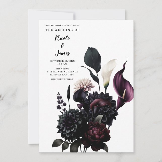 Dark Moody Romantic Floral White Wedding Einladung (Vorderseite)