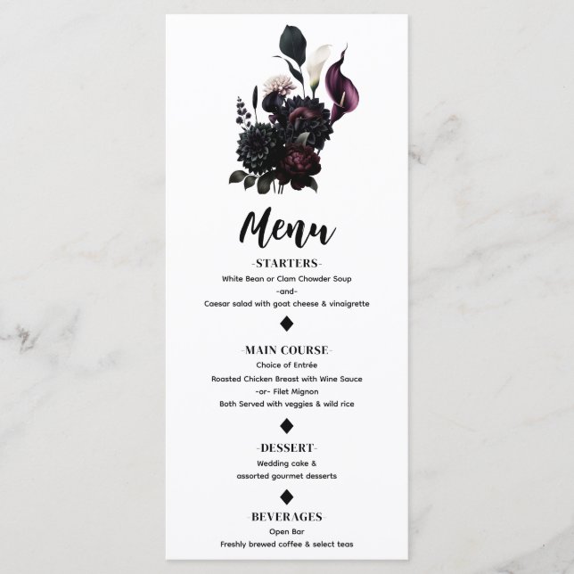 Dark Moody Romantic Floral White Wedding Menu Menükarte (Vorderseite)