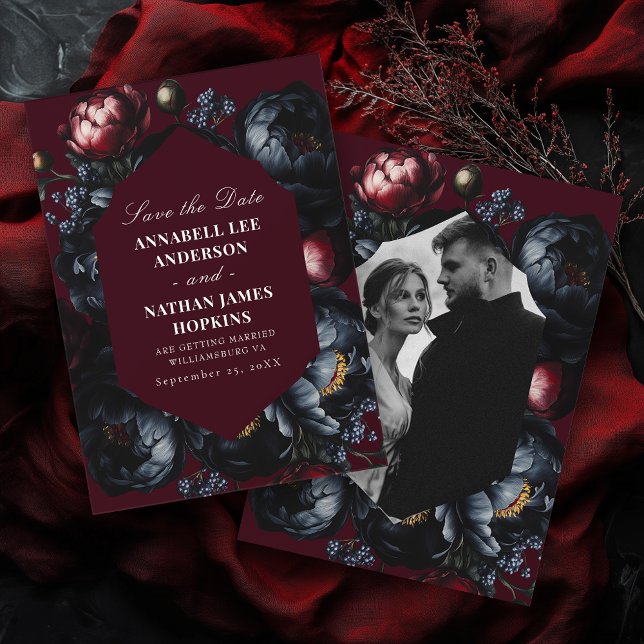 Dark Moody Romantic Peony Gothic Wedding Foto Save The Date (Von Creator hochgeladen)