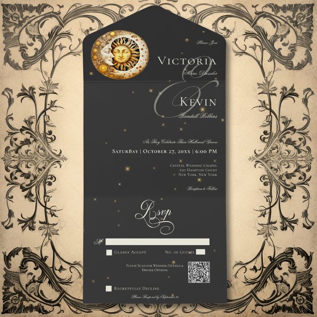 Dark Moody Viktorianisch Moon Sun Stars QR Code All In One Einladung (Dark Moody Victorian Moon Sun Stars QR Code All In One Invitation)