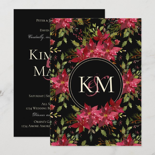 Dark Moody Wedding Claret Red Poinsettia Monogram Einladung (Vorne/Hinten)