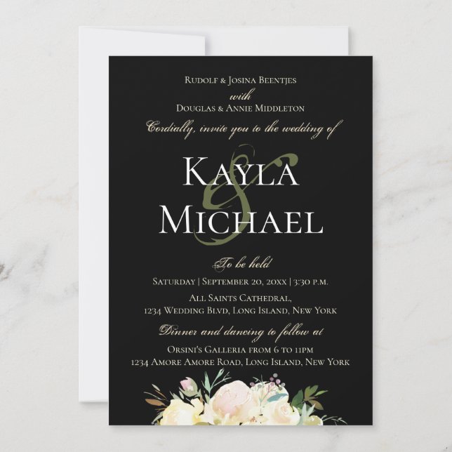 Dark Moody Wedding Monogram White Rose Einladung (Rückseite)