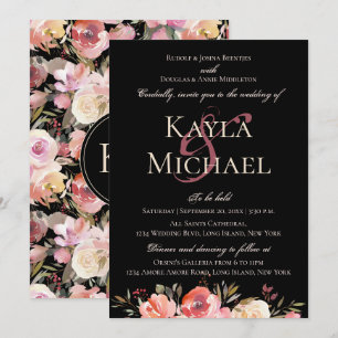 Dark Moody Wedding Monogram Winter Rose Einladung