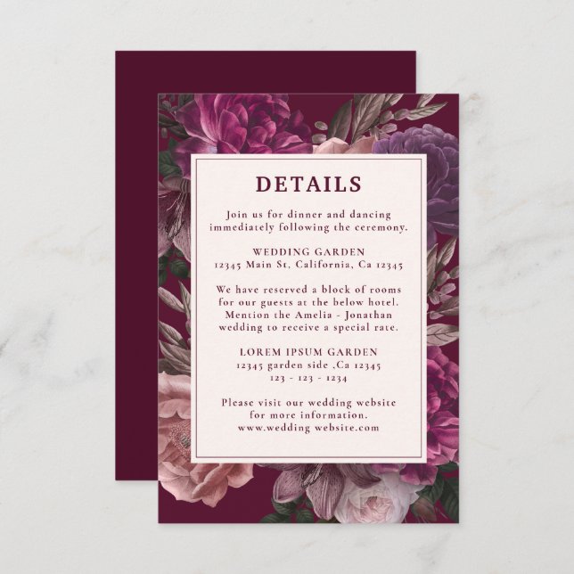 Dark Moody Winter Burgundy & Maroon Floral Wedding Begleitkarte (Vorne/Hinten)