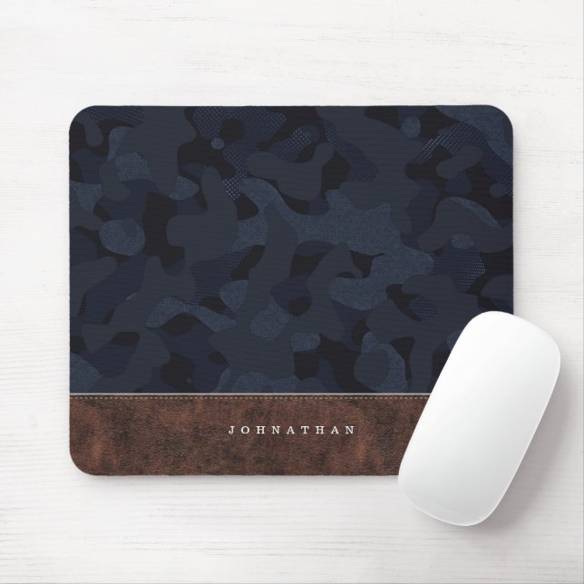 Dark Navy Blue Camouflage Pattern & Leder Mousepad (Mit Mouse)