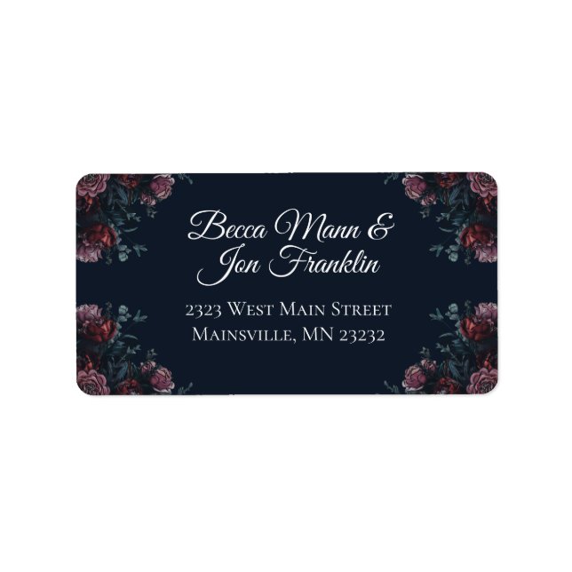 Dark Navy Blue Floral Elegant Wedding Maroon Mauve Adressaufkleber (Vorne)