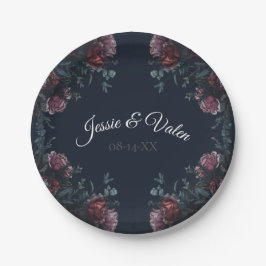 Dark Navy Blue Floral Elegant Wedding Maroon Mauve Pappteller