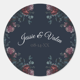 Dark Navy Blue Floral Elegant Wedding Maroon Mauve Runder Aufkleber