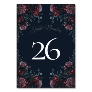 Dark Navy Blue Floral Elegant Wedding Maroon Mauve Tischnummer