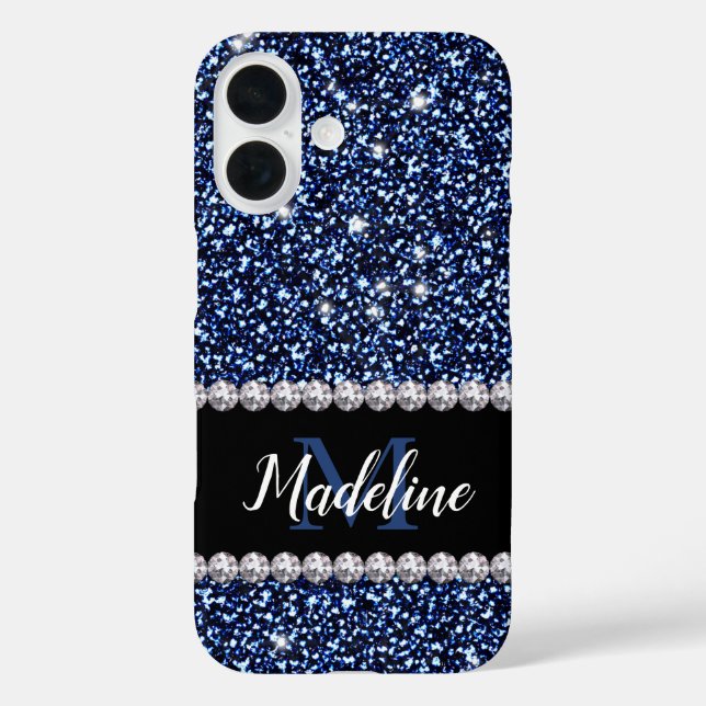 Dark Navy Blue Glitzer & Gems, Name und Monogramm  Case-Mate iPhone Hülle (Rückseite)