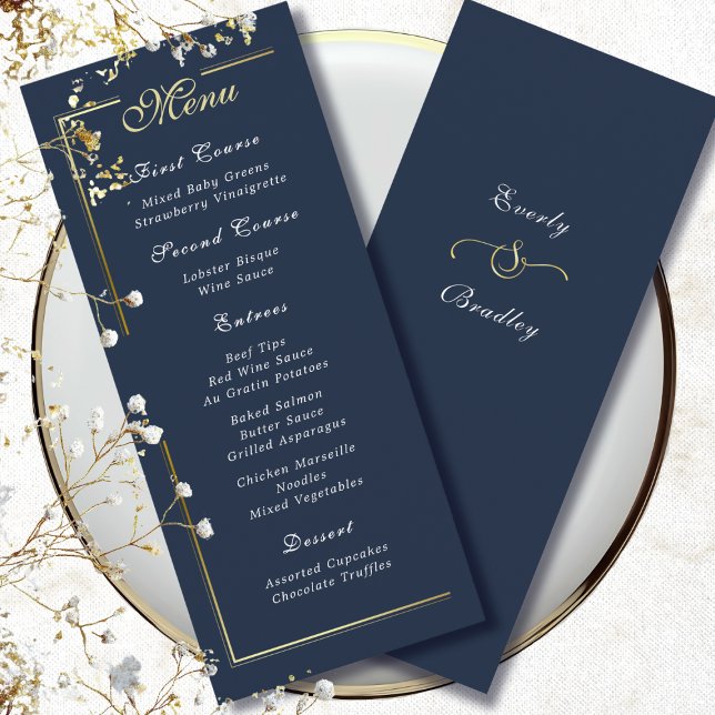 Dark Navy Blue Gold Frame White Script Menu Choice Programm (Von Creator hochgeladen)