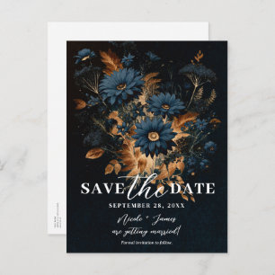 Dark Navy Blue Gold Rustic Glam Boho Save the Date Ankündigungspostkarte