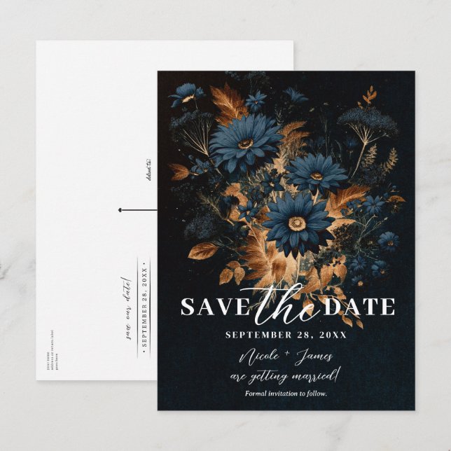 Dark Navy Blue Gold Rustic Glam Boho Save the Date Ankündigungspostkarte (Vorne/Hinten)