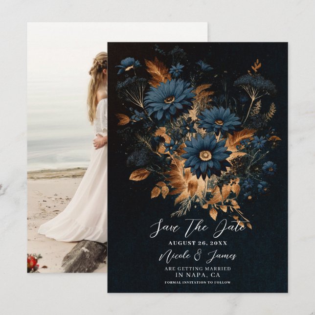 Dark Navy Blue Gold Rustic Glam Boho Save the Date Einladung (Vorne/Hinten)