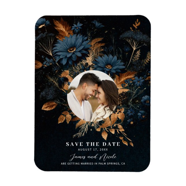 Dark Navy Blue Gold Rustic Glam Boho Save the Date Magnet (Vertikal)