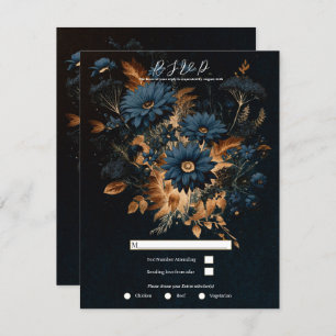 Dark Navy Blue Gold Rustic Glam Boho Wedding RSVP Einladung