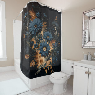 Dark Navy Blue & Gold Rustikaler Blumenglam Boho Duschvorhang