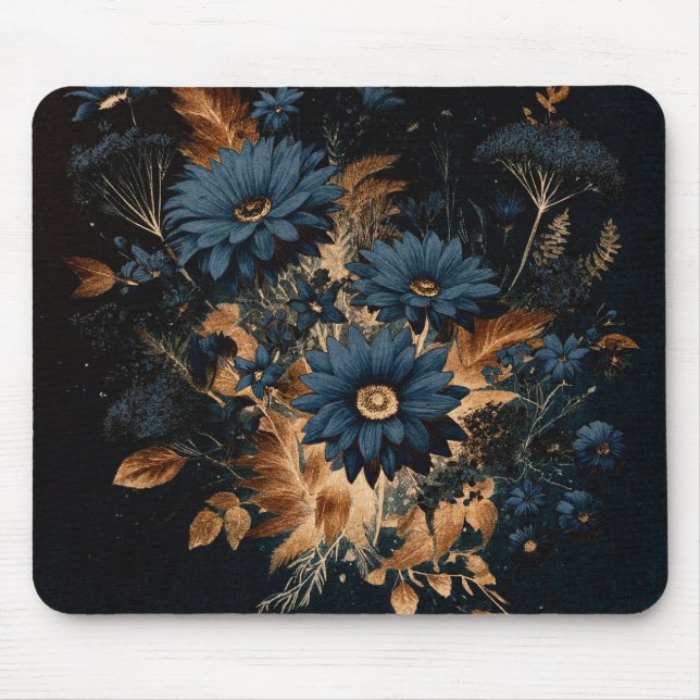 Dark Navy Blue & Gold Rustikaler Blumenglam Boho Mousepad (Vorne)