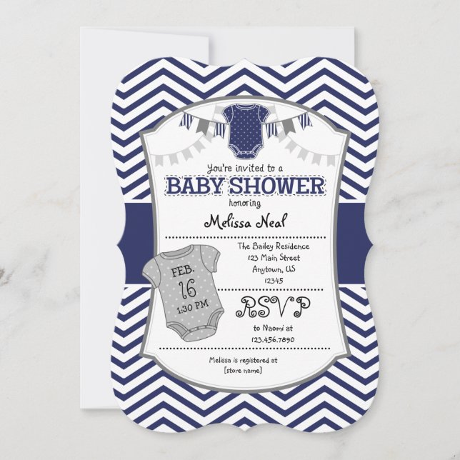 Dark Navy Blue Gray Zickzack Baby Shower Einladung (Vorderseite)