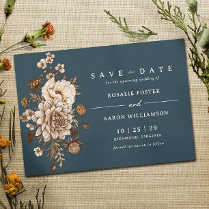 Dark Navy Blue   Neutral floral Moody Vintag Save The Date