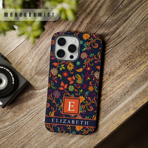 Dark Navy Blue Orange Paisley Muster individuell a iPhone 15 Pro Max Hülle