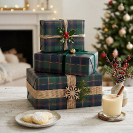 Dark Navy Blue Red Green Plaid Wrapping Paper Geschenkpapier