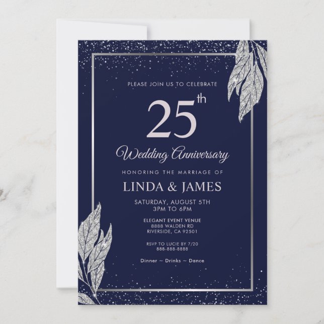 Dark Navy Blue Silver Leaf Wedding Anniversary  Einladung (Vorderseite)