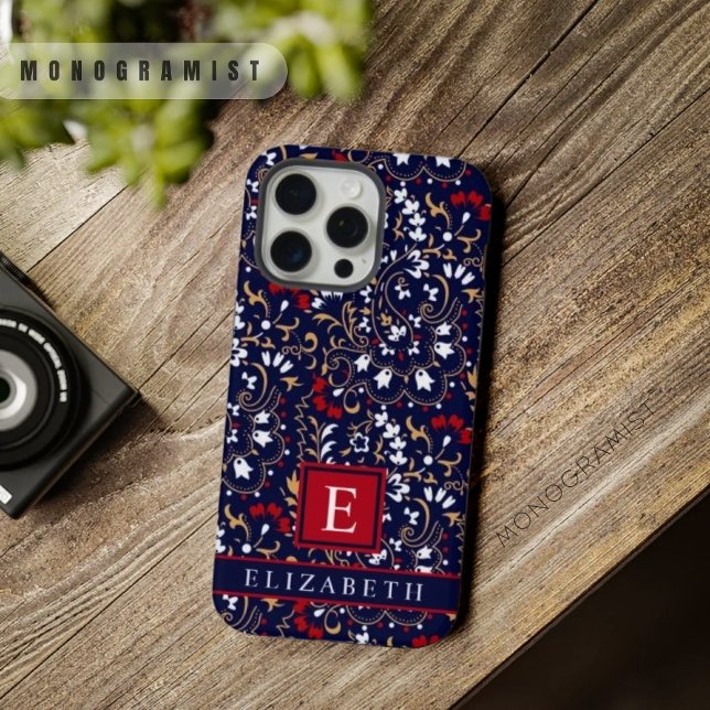 Dark Navy Blue White Paisley individuell einstellb iPhone Hülle (Customizable Dark Navy Blue Red White Paisley iPhone Case)