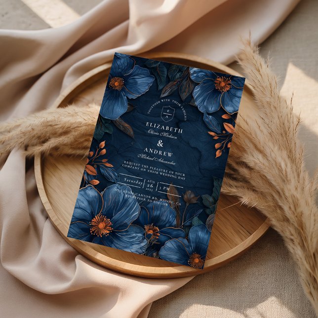 Dark Navy Botanical Romance Einladung (Von Creator hochgeladen)