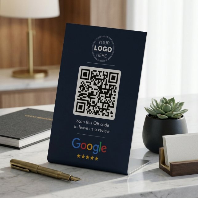 Dark Navy Google Review QR Code Logo Sockelschild (Dark Navy Google Review QR Code Sign | Premium Logo Pedestal Display)