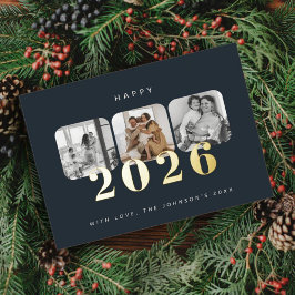 Dark Navy Happy New Year 2026 Photo Gold Folien Feiertagspostkarte