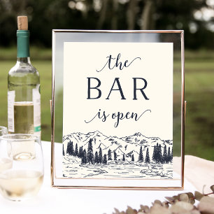 Dark Navy   Mountain Sketch Wedding Bar Sign Poster