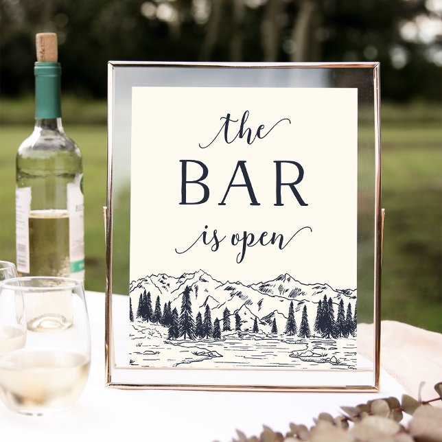 Dark Navy | Mountain Sketch Wedding Bar Sign Poster (Von Creator hochgeladen)