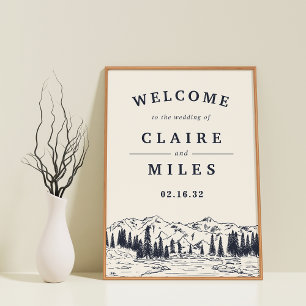 Dark Navy Mountain Sketch Wedding Begrüßungszeiche Poster