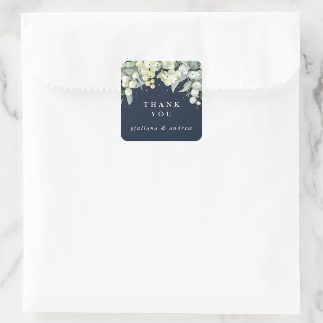 Dark Navy Snowberry+Eucalyptus Wedding Vielen Dank Quadratischer Aufkleber (Tasche)