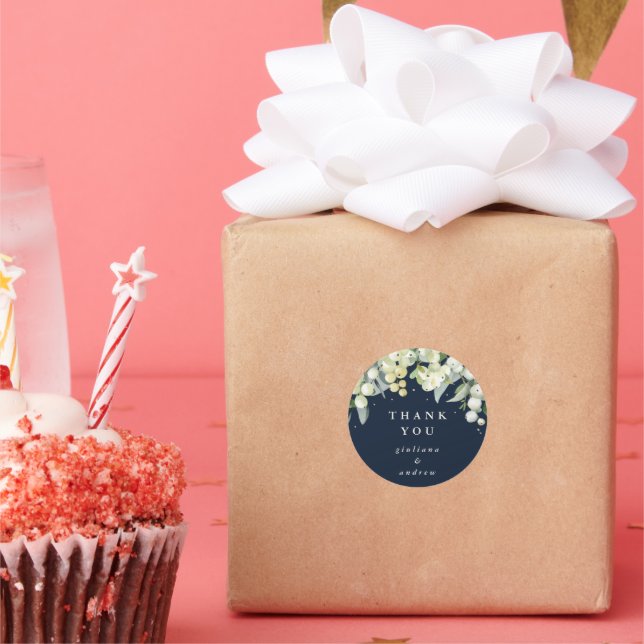 Dark Navy Snowberry+Eucalyptus Wedding Vielen Dank Runder Aufkleber (Party)