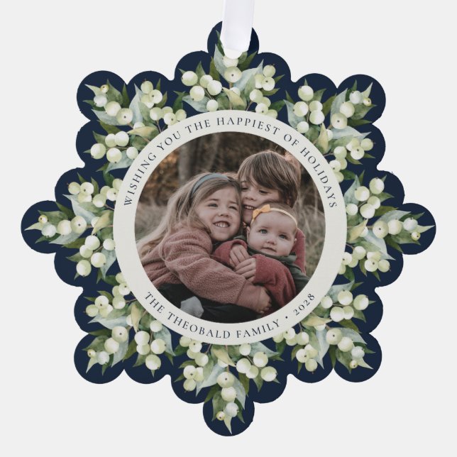 Dark Navy Snowberry+Greenery Holiday Paper Ornament Karte (Vorderseite)