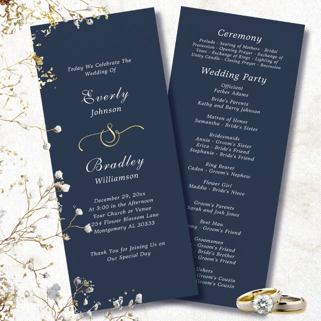 Dark Navy White Simple Script Elegante Hochzeit Programm (Von Creator hochgeladen)