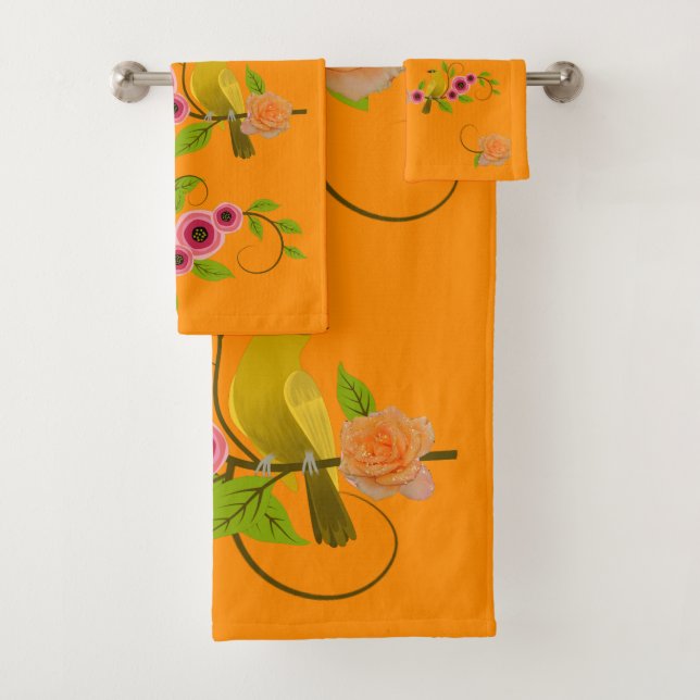 DarK Orange - Bird & Yellow Rose Badhandtuch Set (Insitu)