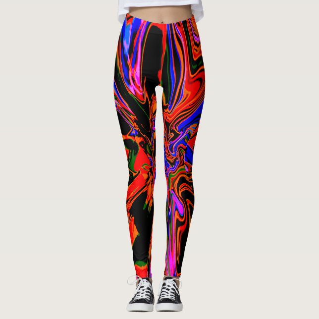 Dark Orange Blue Black Psychedelic Blume Design Leggings (Vorderseite)