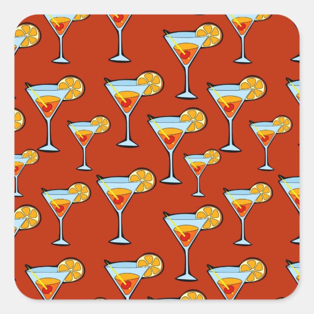 Dark Orange Martini Cocktail Muster Quadratischer Aufkleber (Vorderseite)