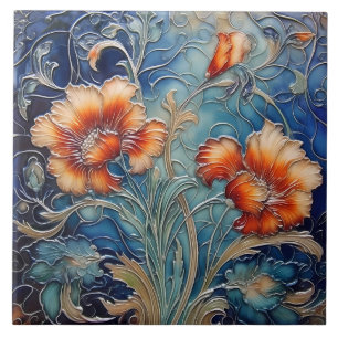 Dark Orange und Blue Art Nouveau Floral Motif Fliese