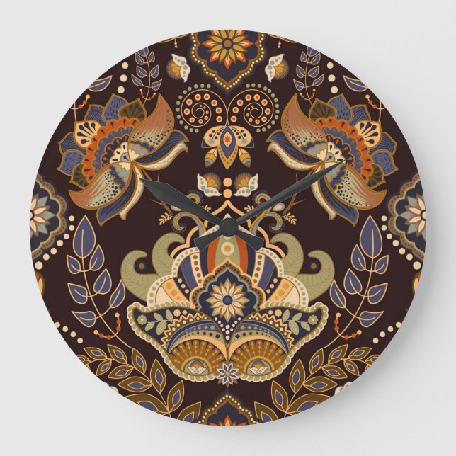 Dark Paisley: Floral Indian Seamless. Große Wanduhr (Vorderseite)