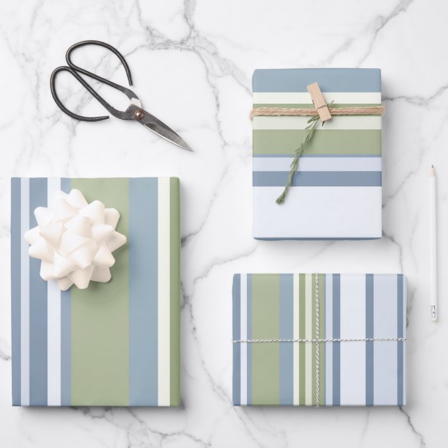 Dark Pastel Blue and Spring Rain Stripes Geschenkpapier Set (Vorderseite)