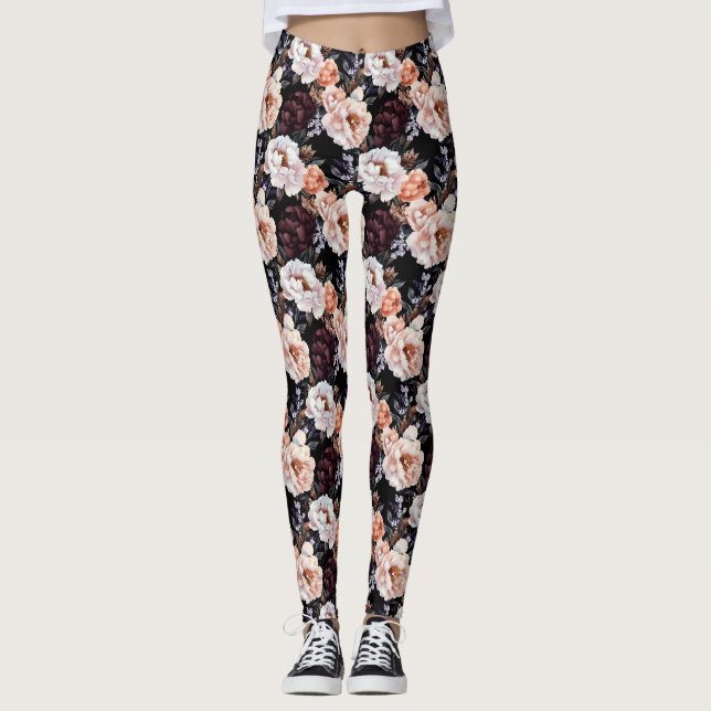 Dark Peonies Floral Pattern Leggings (Vorderseite)