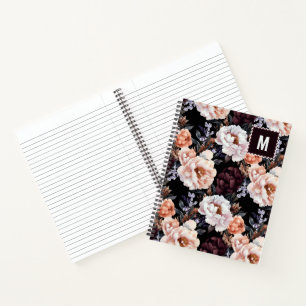 Dark Peonies Floral Pattern Monogramm Notizbuch