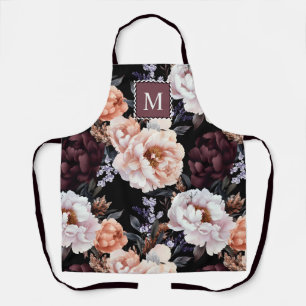 Dark Peonies Floral Pattern   Monogramm Schürze