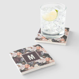 Dark Peonies Floral Pattern Monogramm Steinuntersetzer