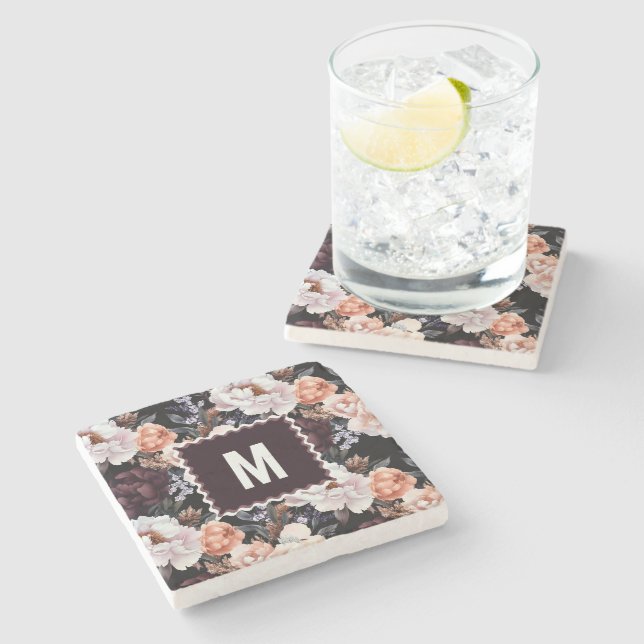 Dark Peonies Floral Pattern | Monogramm Steinuntersetzer (Seitenansicht)